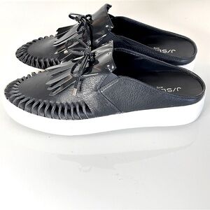 J Slides NYC Amora Fringe Navy Leather Slide Sneaker 8 Platform Mule